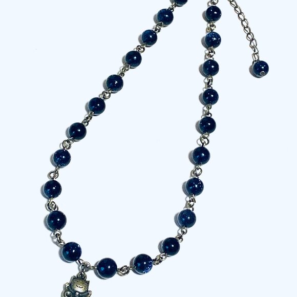 Dark Blue Goldstone Bronze Link Adjustable Short Necklace w/ Fortune Cat Charm - Picture 12 of 15